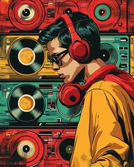 Retro Party Vibes: 80s DJ with Vinyl Records Wall Poster