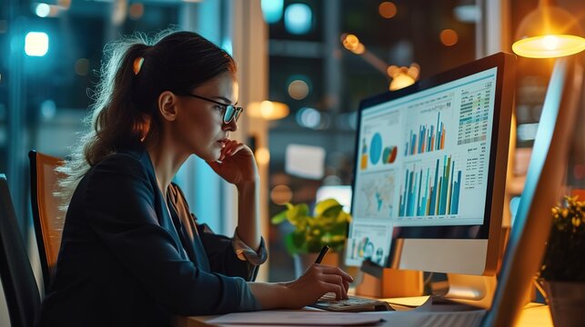 Female business analyst financial advisor preparing statistic report studying documents on work desk, browsing information online using pc