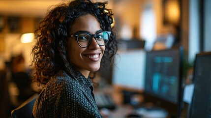 Female engineer working inside the office of a development company portrait of a female programmer with curly hair and glasses, smiling and looking at the camera