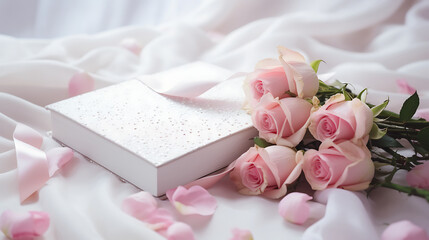 White book on White fabric and dots Sprinkle with pink roses. Generative Ai