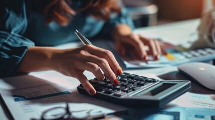 Finance and accounting concept, female accountant using calculator and computer in office - obrazy, fototapety, plakaty