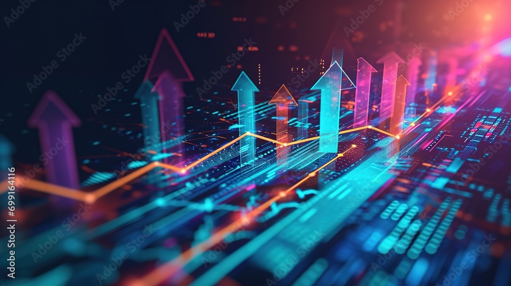 Wall mural futuristic raise arrow chart digital transformation abstract technology background. big data and bus
