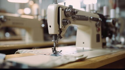 A sewing machine sewing fabric in a garment factory