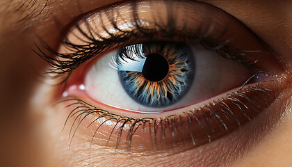 Naklejka premium Blue iris staring, watching, beauty in one person close up generated by AI