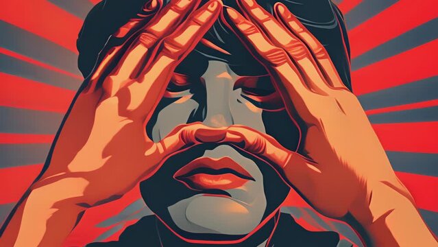 A person with their hands over their eyes blocking out soing unpleasant. Psychology art concept.