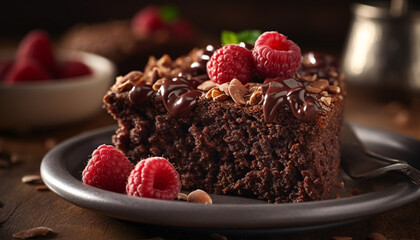 Fototapeta na wymiar Indulgent homemade chocolate dessert with fresh raspberry and strawberry slices generated by AI