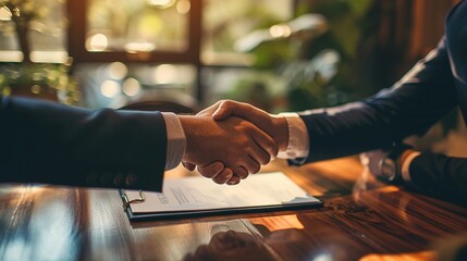 Handshake after reaching a real estate deal. Signing a house rental, mortgage, lease agreement. Real estate agent shakes hands with a client and asks them to legally sign a contract of agreement - obrazy, fototapety, plakaty