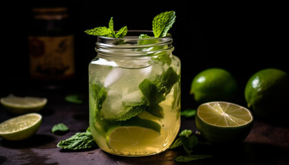 Fototapeta premium Refreshing mojito cocktail with mint leaf, lime, and citrus fruit generated by AI