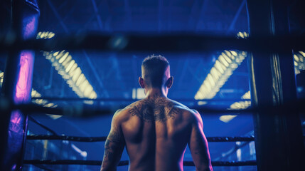 Fototapeta na wymiar MMA boxing athlete in the ring with cage