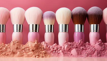 Glamour collection beauty palette, pink eyeshadow, purple lipstick, shiny mascara generated by AI - obrazy, fototapety, plakaty