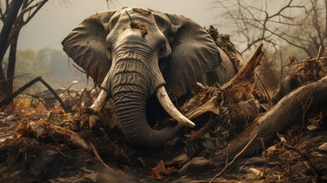 distressed elephant in a shrinking habitat due to human encroachment generative ai - Powered by Adobe