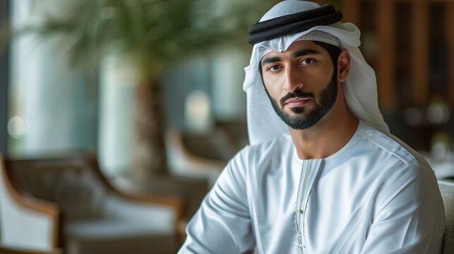 Handsome man with dish dasha working in his business office of Dubai. Portraits of a successful businessman in traditional emirates white dress. Concept about middle eastern culture