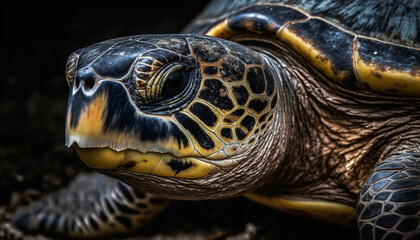 Close up of a turtle shell, showcasing its beautiful multi colored pattern generated by AI