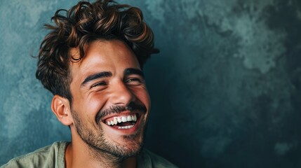 Happiness, family and emotions concept. Close-up portrait of handsome happy young man with stylish haircut, look away left empty space with pleased cheerful smile