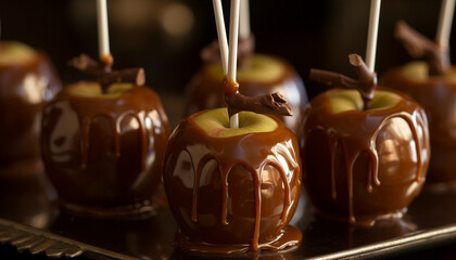 Indulgent gourmet dessert dark chocolate dipped apple with caramel drizzle generated by AI