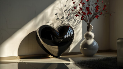 3d render of a black heart in a modern room. Valentine's day design