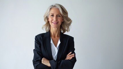 Happy confident smiling caucasian middle-aged mature businesswoman ceo manager employee in formal attire with arms crossed looking at camera isolated in white background - obrazy, fototapety, plakaty