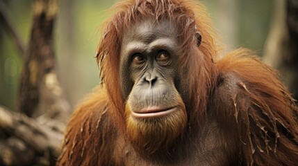 sad-looking orangutan in a degraded forest, emphasizing habitat destruction generative ai - obrazy, fototapety, plakaty