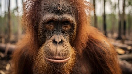 sad-looking orangutan in a degraded forest, emphasizing habitat destruction generative ai