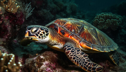 Fototapeta premium A turtle swims in the colorful underwater reef, surrounded by fish generated by AI