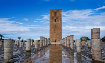 Panorama of the famous Hassan Tower in Rabat, Morocco.