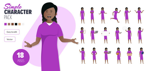 Simple flat black female vector character in a set of multiple poses. Easy to edit and isolated on a white background. Modern trendy style character mega pack with lots of poses.