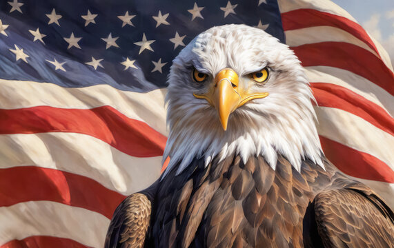 bald fish eagle and flag patriotic , american patriotism concept