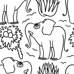 elephant and tree seamless abstract pattern background fabric fashion design print digital illustration art texture textile wallpaper black and white coloring image 