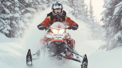 Fototapeta na wymiar A man is riding a snowmobile in the snow