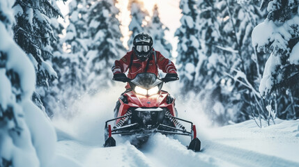 Fototapeta na wymiar A man is riding a snowmobile in the snow