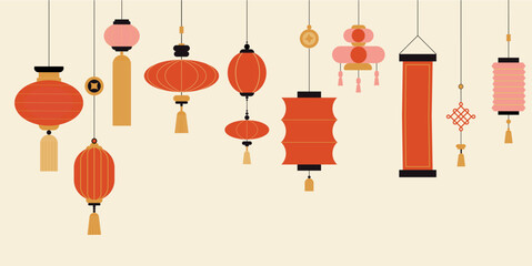 Chinese lanterns background. Traditional red Asian lamps. New year celebration banner. Contemporary decorative poster. Festive garland and copy space for text. Minimalist design vector illustration