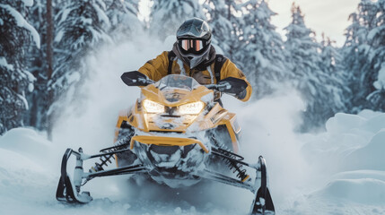 A man is riding a snowmobile in the snow - obrazy, fototapety, plakaty