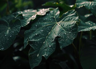 Elegant dark green leaves adorned with crystal clear water droplets convey the beauty of nature in the rain.