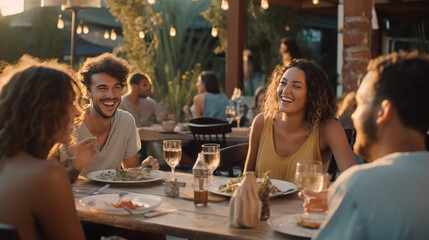 Gather with friends at an outdoor restaurant - obrazy, fototapety, plakaty