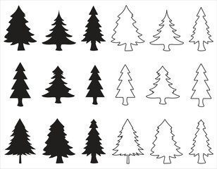 Vector set of cartoon Christmas trees, pines for greeting cards, invitations, banners, web. New Year's and Christmas traditional symbol tree with garlands, light bulbs, and stars. Winter holiday. Icon