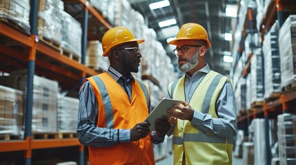 Male supervisors with tablet standing in a warehouse, talking