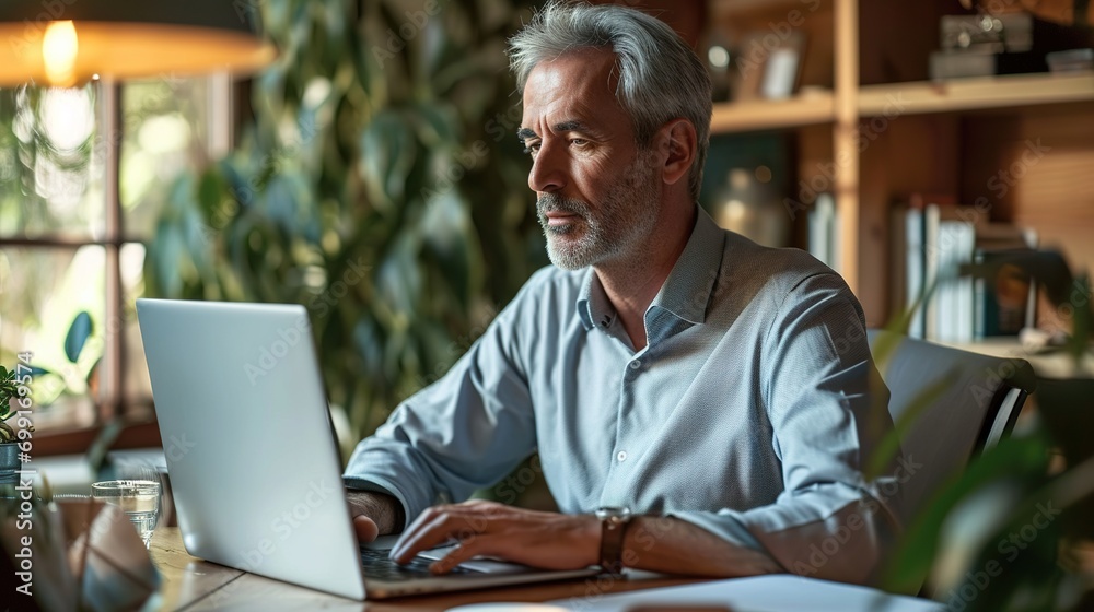 Sticker man working online with laptop computer at home sitting at desk. Businessman in home office, browsing internet. Portrait of mature age, middle age, mid adult man in 50s