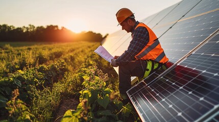 Man working at the solar panel installation. Mature man wearing reflective clothing fills out the necessary paperwork working at solar farm - obrazy, fototapety, plakaty