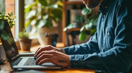 Man works by typing on a computer while texting on his cell phone.  - obrazy, fototapety, plakaty