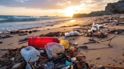 plastic pollution on a beach, affecting marine animals and coastal ecosystems generative ai