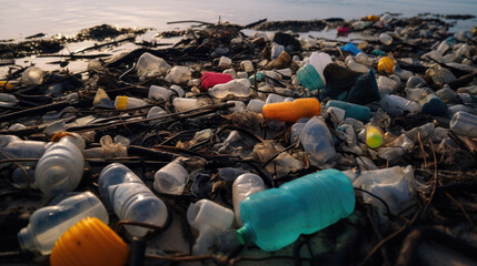 plastic pollution on a beach, affecting marine animals and coastal ecosystems generative ai