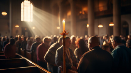 close up of a candle in a church or congregation with a group of devotees