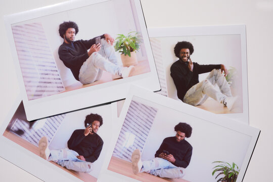playful set of Polaroid photos capturing a young man enjoying technology and comfortable living in a bright, modern interior, reflecting a relaxed tech-savvy lifestyle.
