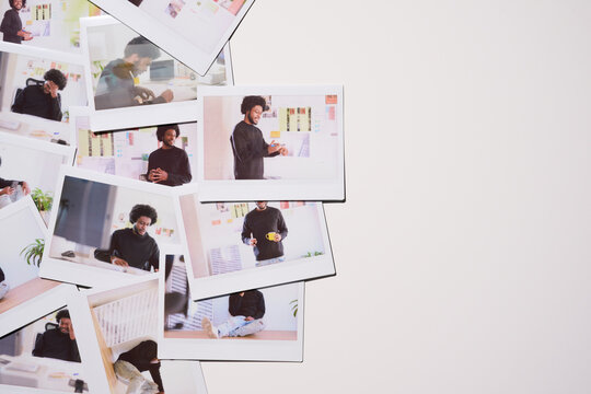 spread of Polaroid images showcasing a young entrepreneur's varied expressions and activities in a bright workspace, from thoughtful strategizing to a casual coffee pause.