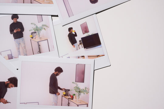 collection of Polaroid photos artfully arrayed, featuring a young man amid his morning routine, engaging with his phone and savoring coffee in his stylish, well-lit home.