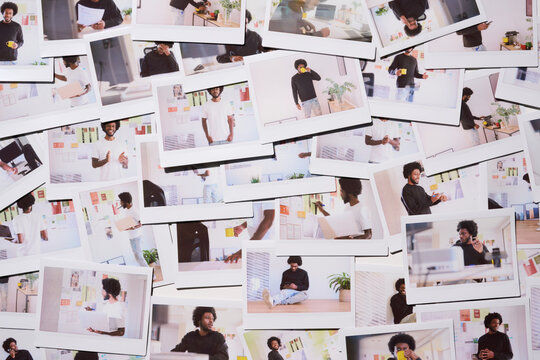 expansive spread of Polaroid photos on a white backdrop, capturing a young entrepreneur's diverse daily activities, from strategic planning to moments of reflection, in a lively, modern workspace.