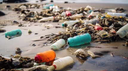 plastic pollution on a beach, affecting marine animals and coastal ecosystems generative ai