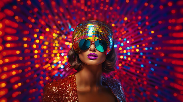 Gorgeous woman in 80s disco style, ultraviolet and neon colors