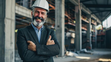 older owner engineer with beard mustache on face standing smile with his arms crossed at construction factory site - Powered by Adobe