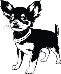 Cartoon Black and White Isolated Illustration Vector Of A Pet Chihuahua Puppy Dog Walking